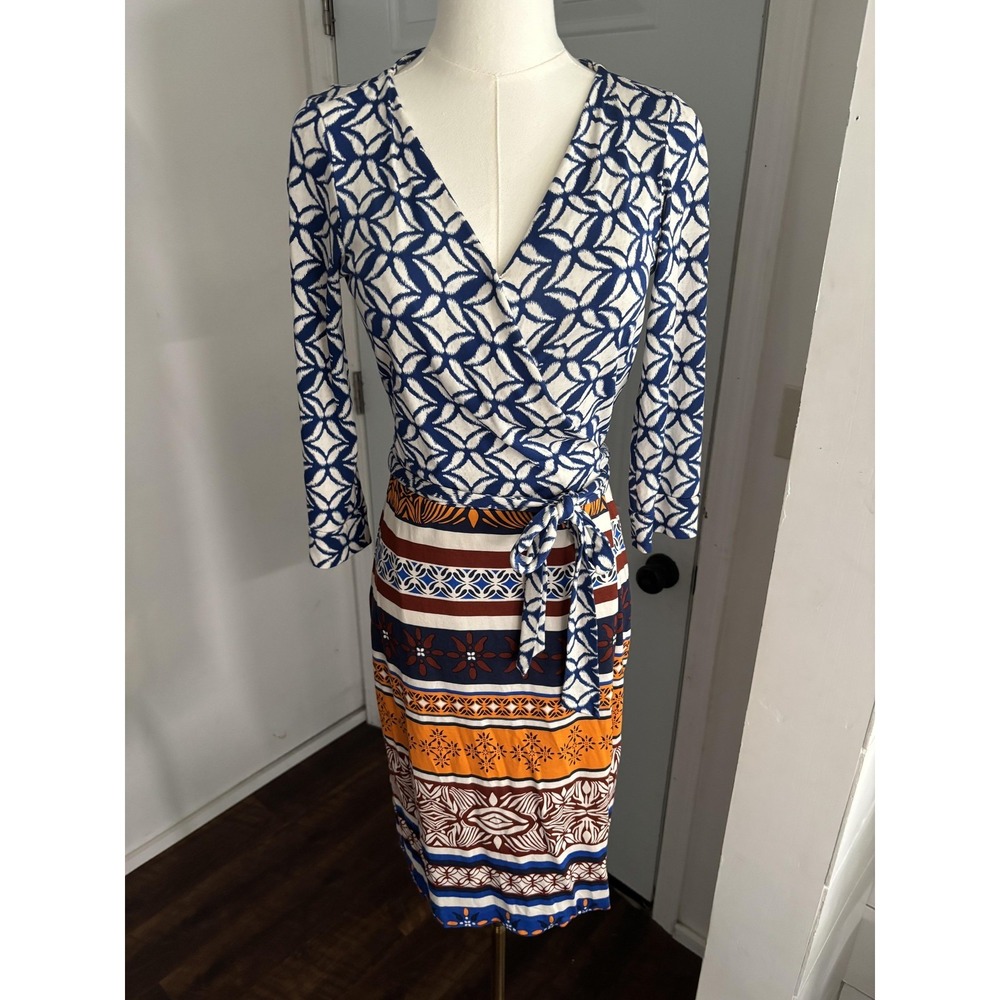 Diane Von Furstenberg Dress Womens 4 Multicolor Wrap V Neck Knee Belted Silk